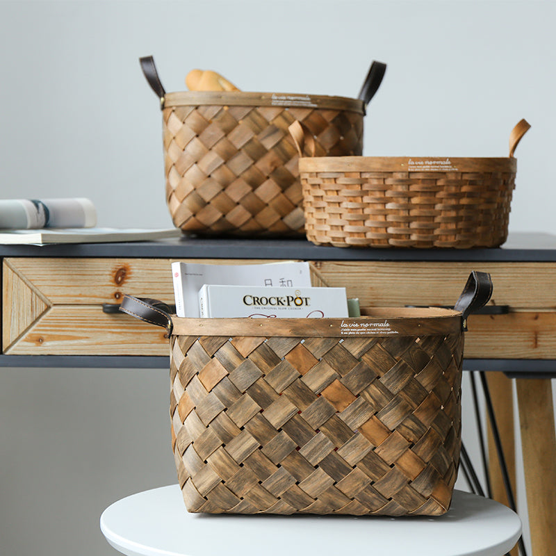 Panier de rangement à poignée en copeaux de bois tissé à la main