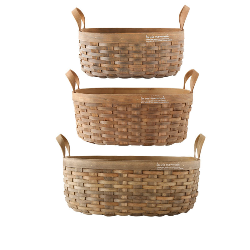 Panier de rangement à poignée en copeaux de bois tissé à la main