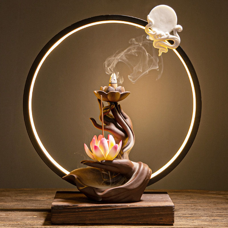 Ceramic Lamp Ring Incense Burner Lotus Heart Guanyin