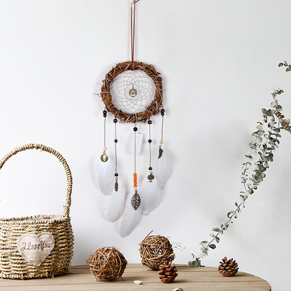 Ornements décoratifs rétro en plumes de cercle en rotin