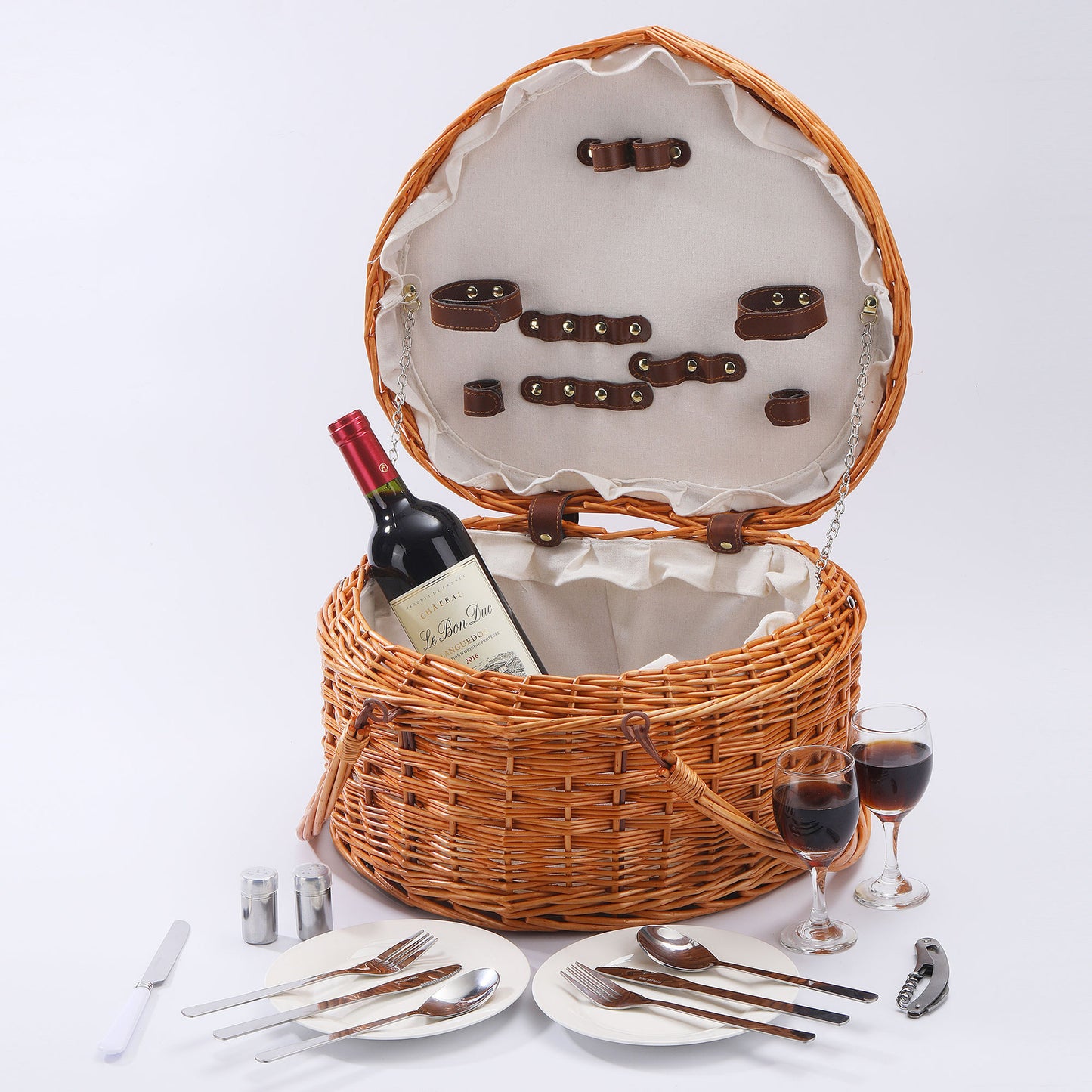 Panier de pique-nique en forme de cœur en rotin pour couverts d'extérieur