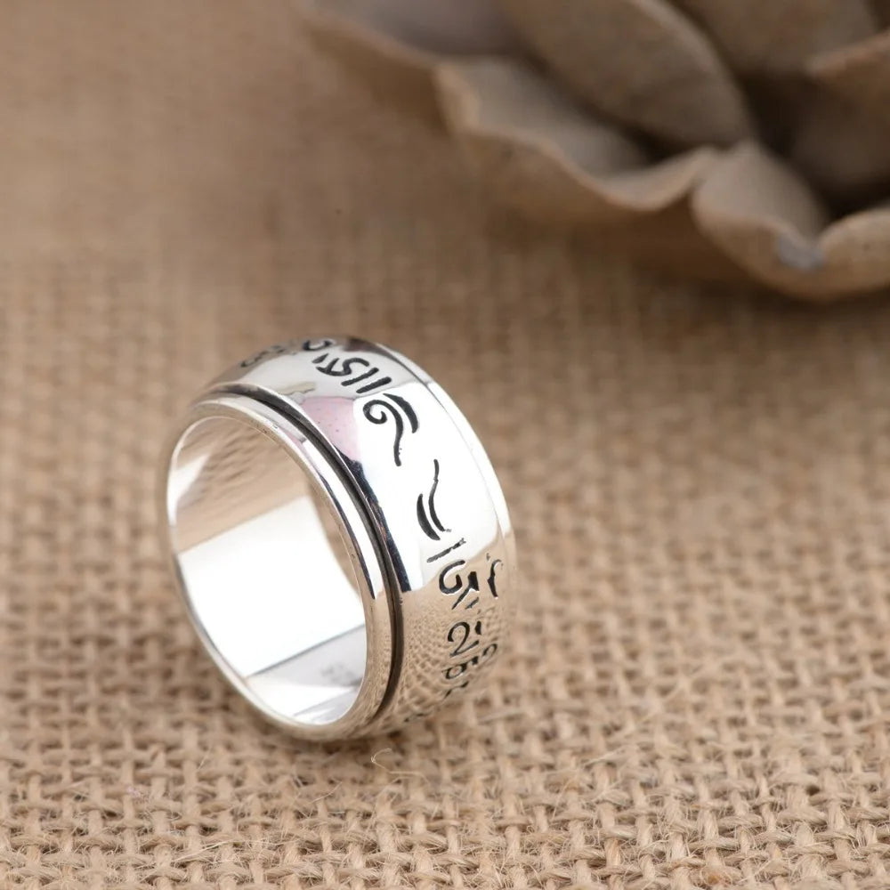 100% 925 Silver Tibetan Six Words Ring For Men