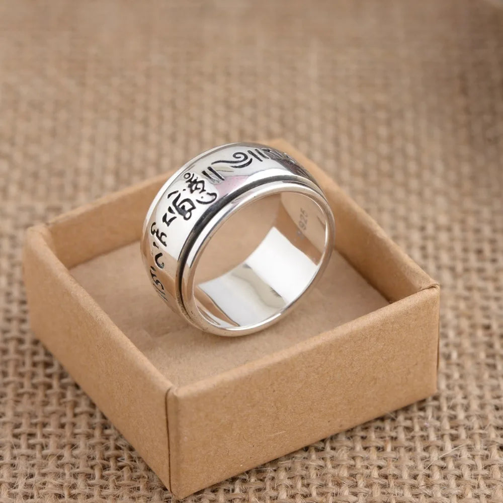 100% 925 Silver Tibetan Six Words Ring For Men