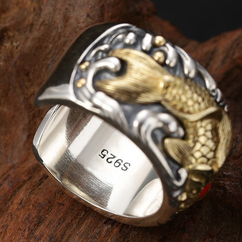 Sterling Silver Koi Wide Ring For Men