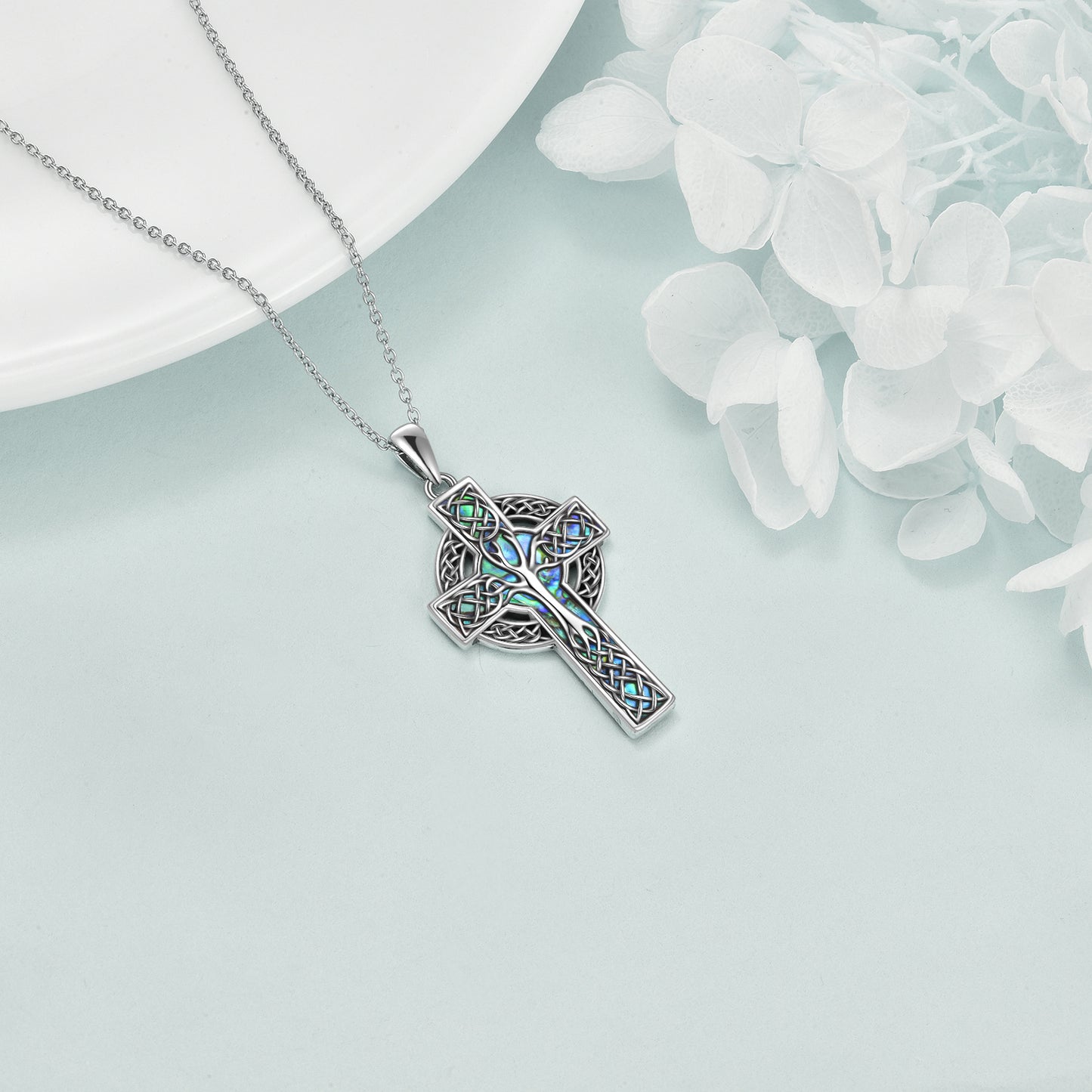 925 Sterling Silver Abalone Celtic Cross Pendant