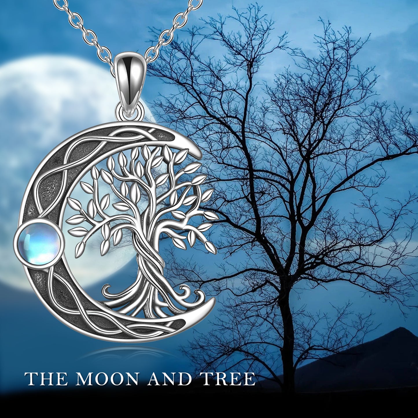 Collier arbre de vie lune noeud celtique en argent sterling