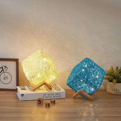 Dimmable Square LED Desk Lights Wood Rattan Twine USB Charging
