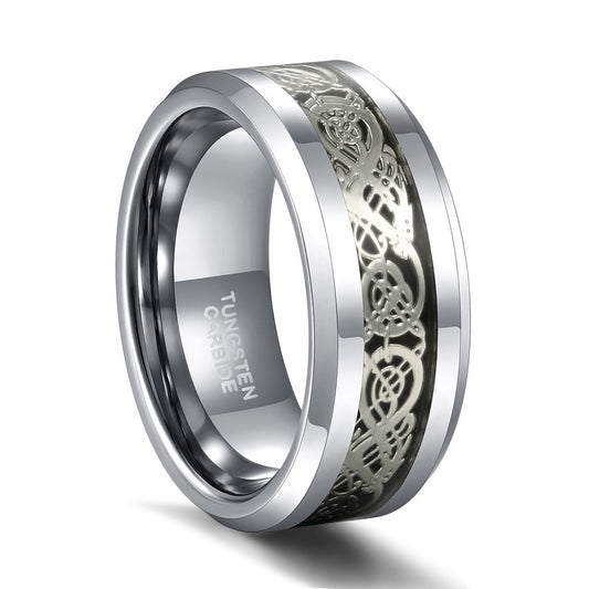 Ring aus Wolframstahl mit eingelegtem keltischem Drachenmuster