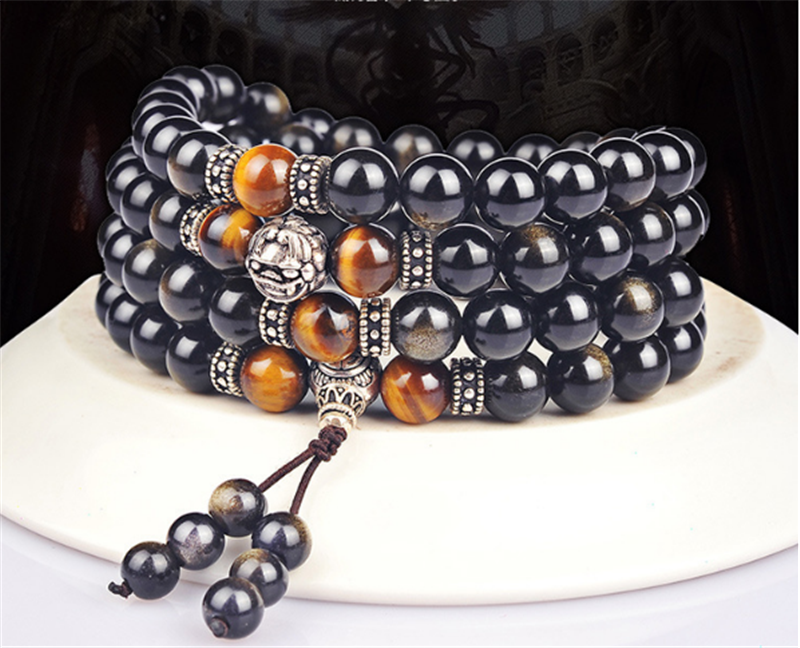 Gold Obsidian Bracelet 108 Beads With Tibetan Silver Round Beads