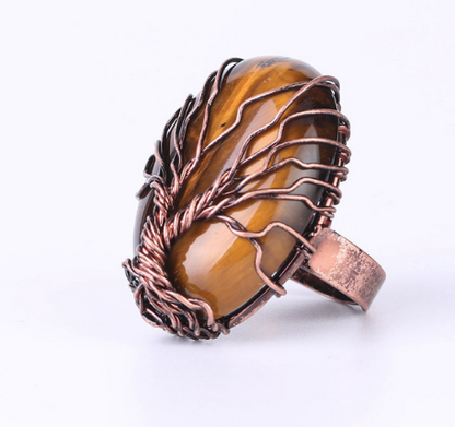 Natural Crystal Stone Shaped Life Tree Ring For Men