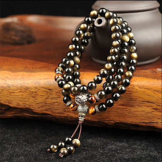 Gold Obsidian Bracelet 108 Beads With Tibetan Silver Round Beads
