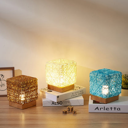 Dimmable Square LED Desk Lights Wood Rattan Twine USB Charging