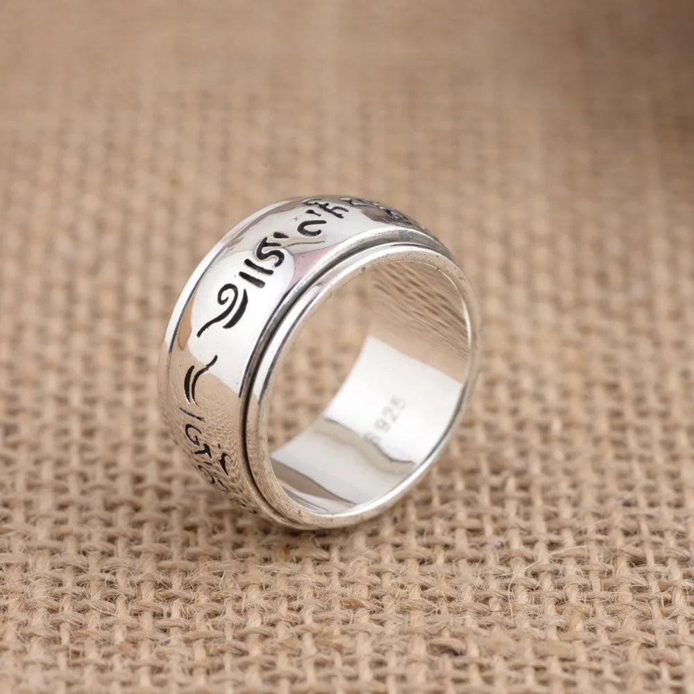 100% 925 Silver Tibetan Six Words Ring For Men