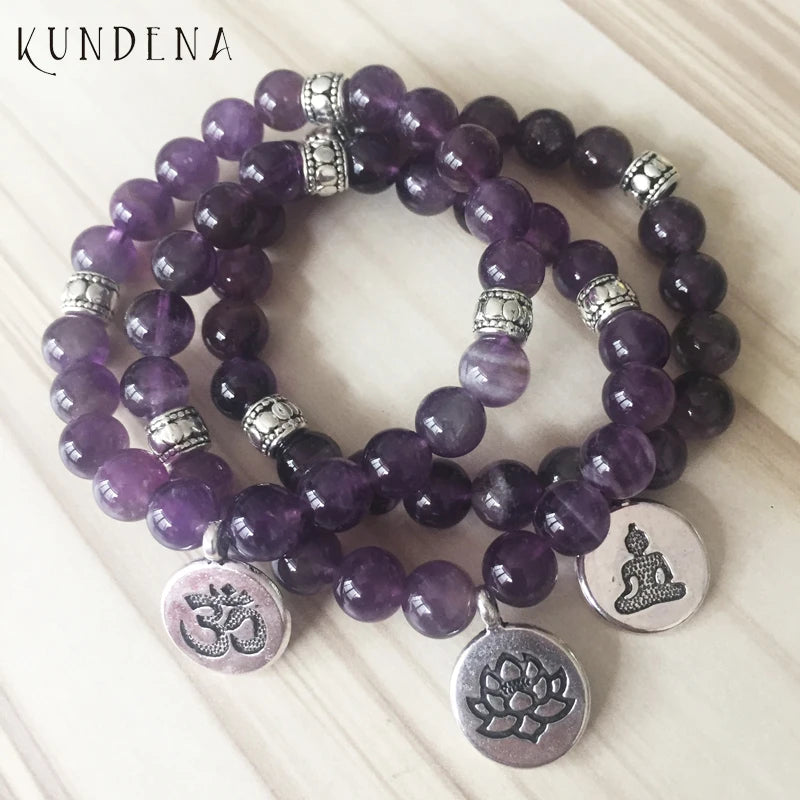 Hochwertige Om Yoga buddhistische Mala Amethyst