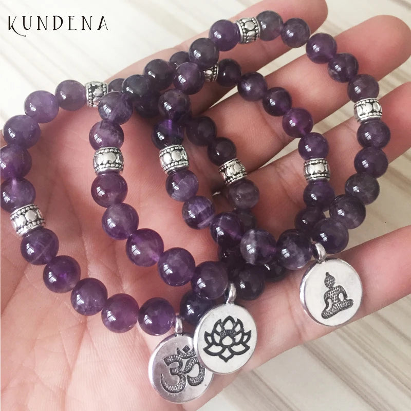 Hochwertige Om Yoga buddhistische Mala Amethyst