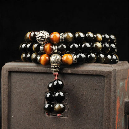 Gold Obsidian Bracelet 108 Beads With Tibetan Silver Round Beads