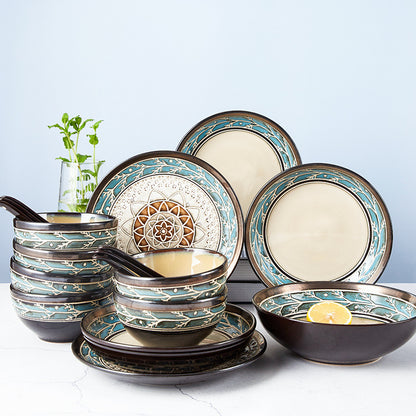 Ceramic Embossed Bowl And Plate 18 Pcs Set