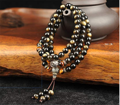 Gold Obsidian Bracelet 108 Beads With Tibetan Silver Round Beads