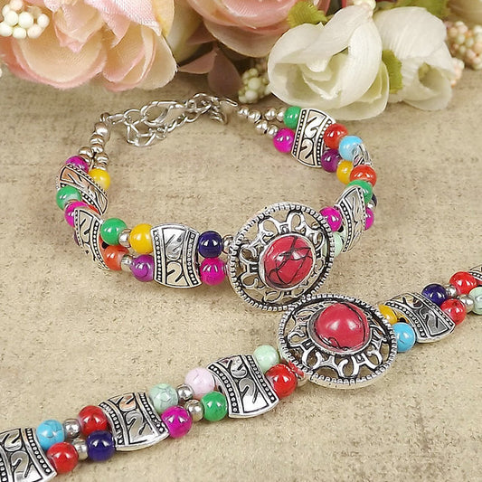 Tibetan Decorated Color Beads Double Row Bracelet